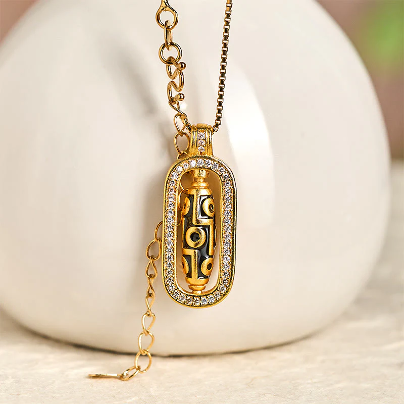 Collana con ciondolo di fortuna e ricchezza, con perline Dzi a nove occhi in ottone placcato oro 24k Buddha Stones - Image 2