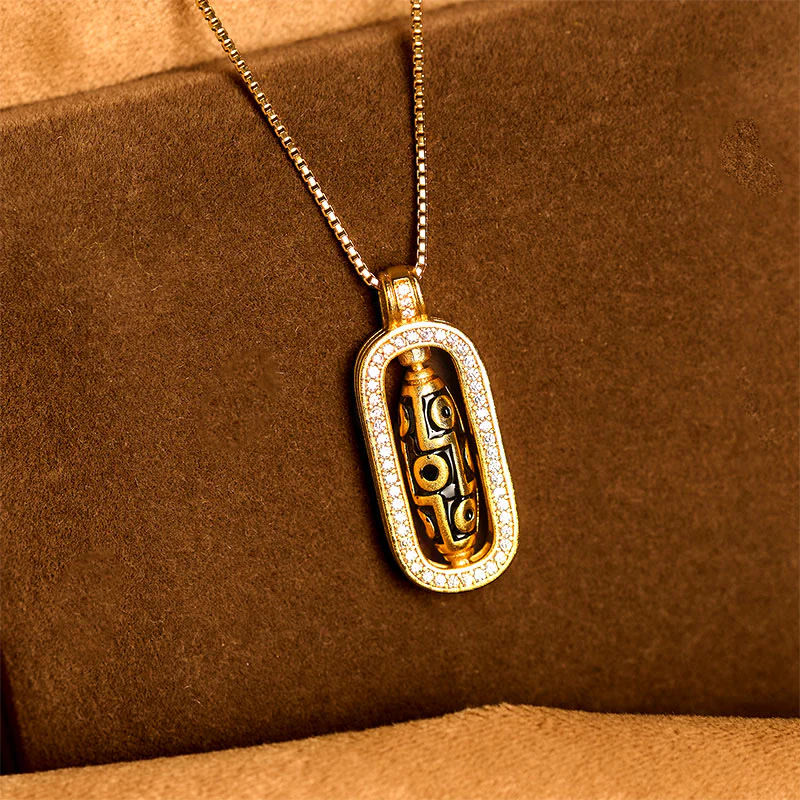 Collana con ciondolo di fortuna e ricchezza, con perline Dzi a nove occhi in ottone placcato oro 24k Buddha Stones - Image 3