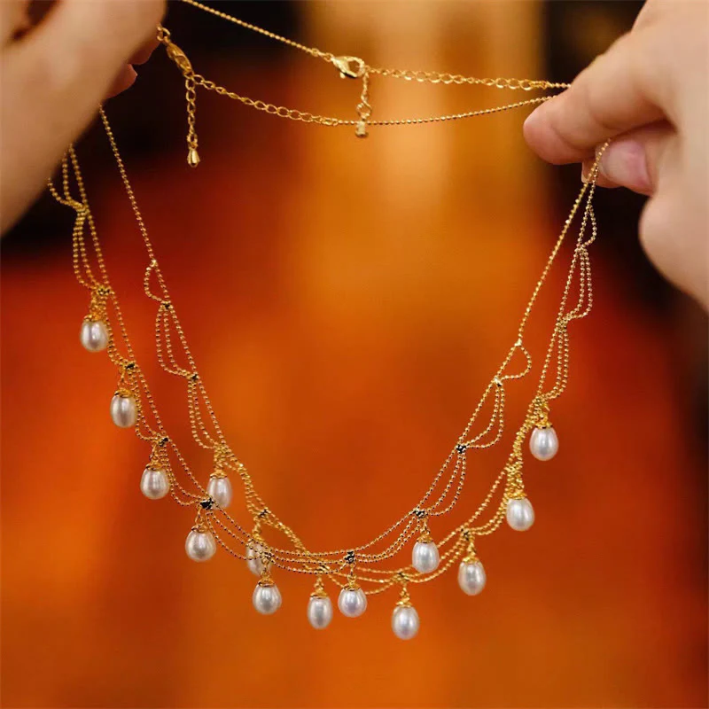 Collana con ciondolo multistrato di perle curative placcate in oro 14K vintage - Image 2