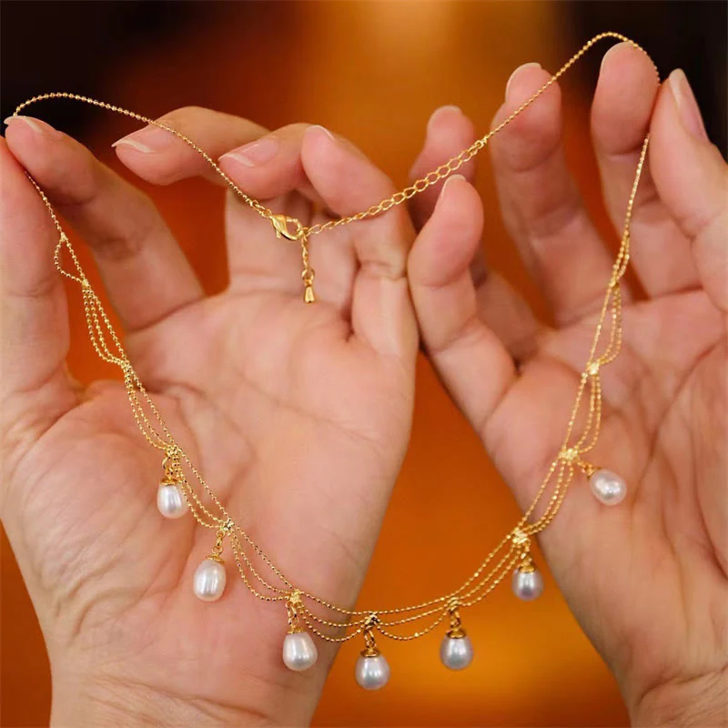 Collana con ciondolo multistrato di perle curative placcate in oro 14K vintage - Image 6