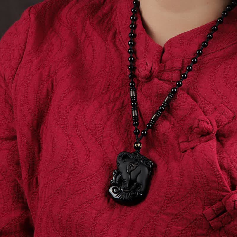 Collana con ciondolo portachiavi in corda di protezione per elefante in ossidiana nera - Image 3