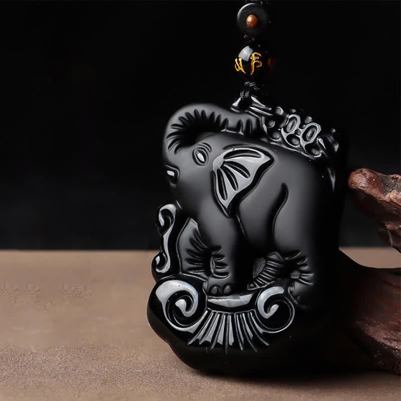 Collana con ciondolo portachiavi in corda di protezione per elefante in ossidiana nera - Image 4