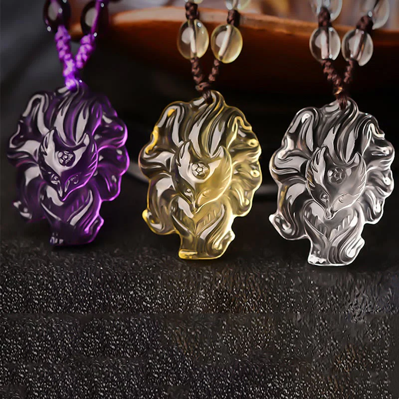 Collana con ciondolo portafortuna a forma di volpe a nove code, in cristallo bianco, ametista naturale, citrino e Buddha Stones - Image 2