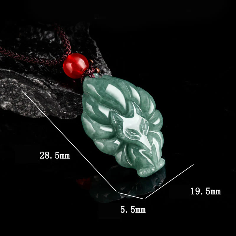 Collana con ciondolo portafortuna a forma di volpe a nove code in giada verde naturale Buddha Stones - Image 9