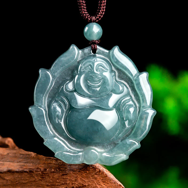 Collana con ciondolo portafortuna con motivo a loto Buddha Stones Buddha che ride in giada naturale