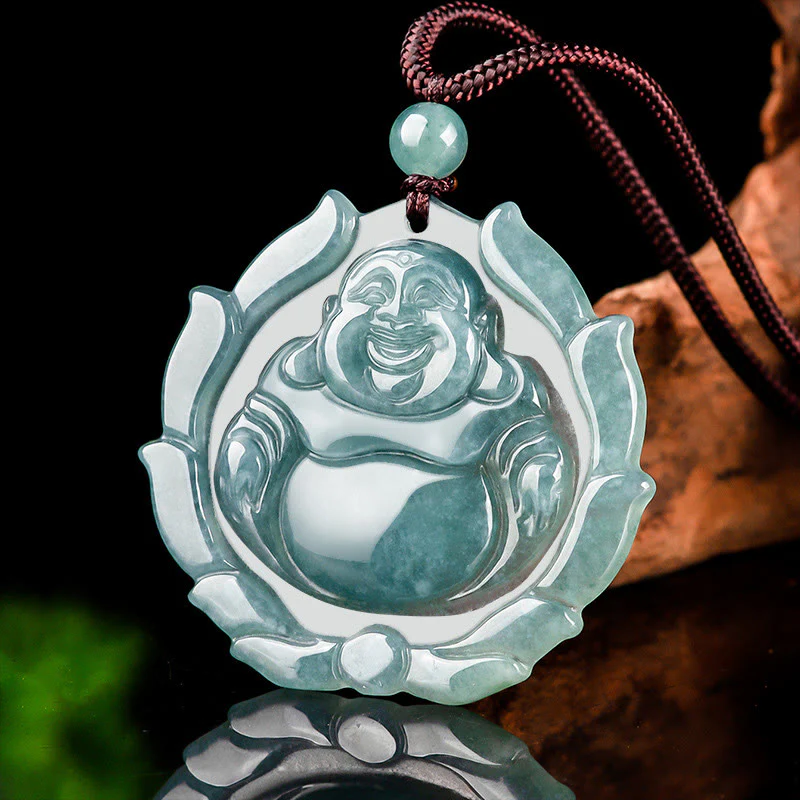 Collana con ciondolo portafortuna con motivo a loto Buddha Stones Buddha che ride in giada naturale - Image 2