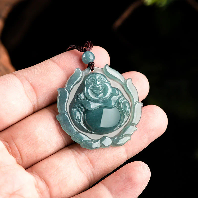 Collana con ciondolo portafortuna con motivo a loto Buddha Stones Buddha che ride in giada naturale - Image 4