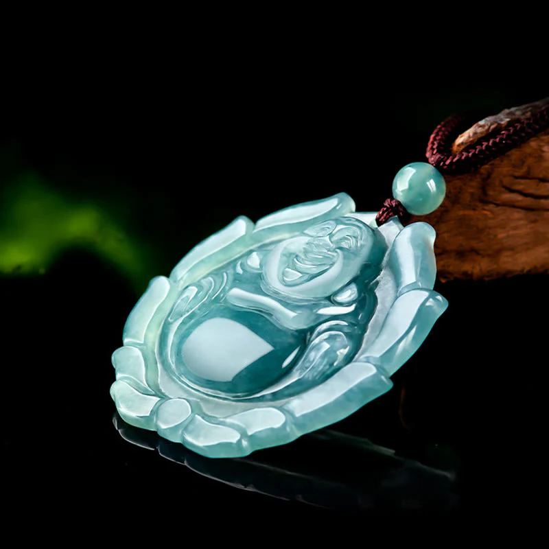 Collana con ciondolo portafortuna con motivo a loto Buddha Stones Buddha che ride in giada naturale - Image 6
