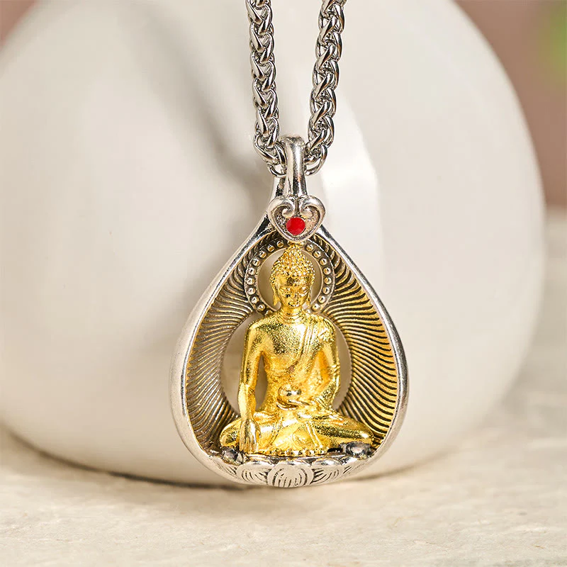 Collana con ciondolo portafortuna in argento placcato rame con catena a maglie, Buddha Stones Shakyamuni, Tara Verde e Pietre del Buddha - Image 10