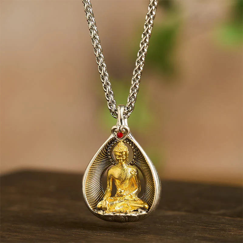 Collana con ciondolo portafortuna in argento placcato rame con catena a maglie, Buddha Stones Shakyamuni, Tara Verde e Pietre del Buddha - Image 12
