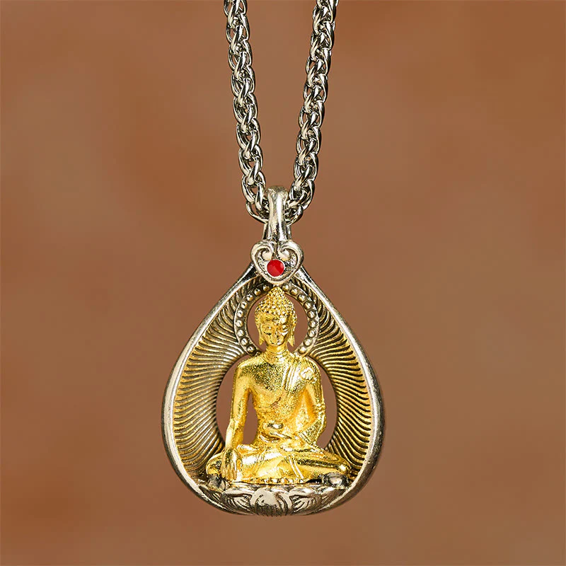 Collana con ciondolo portafortuna in argento placcato rame con catena a maglie, Buddha Stones Shakyamuni, Tara Verde e Pietre del Buddha - Image 13