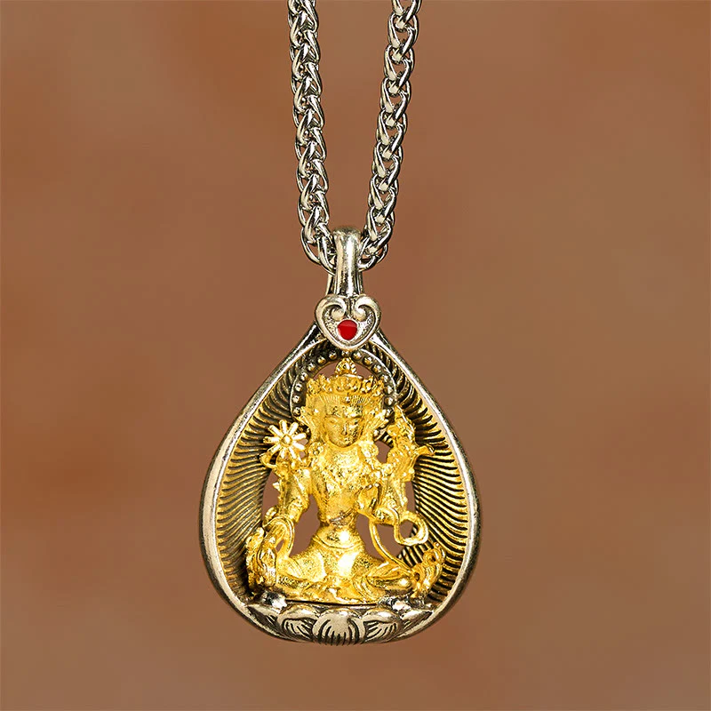 Collana con ciondolo portafortuna in argento placcato rame con catena a maglie, Buddha Stones Shakyamuni, Tara Verde e Pietre del Buddha - Image 4