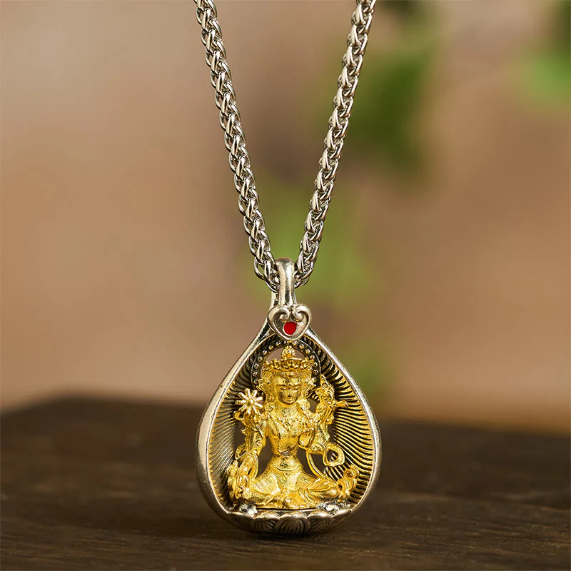 Collana con ciondolo portafortuna in argento placcato rame con catena a maglie, Buddha Stones Shakyamuni, Tara Verde e Pietre del Buddha - Image 5
