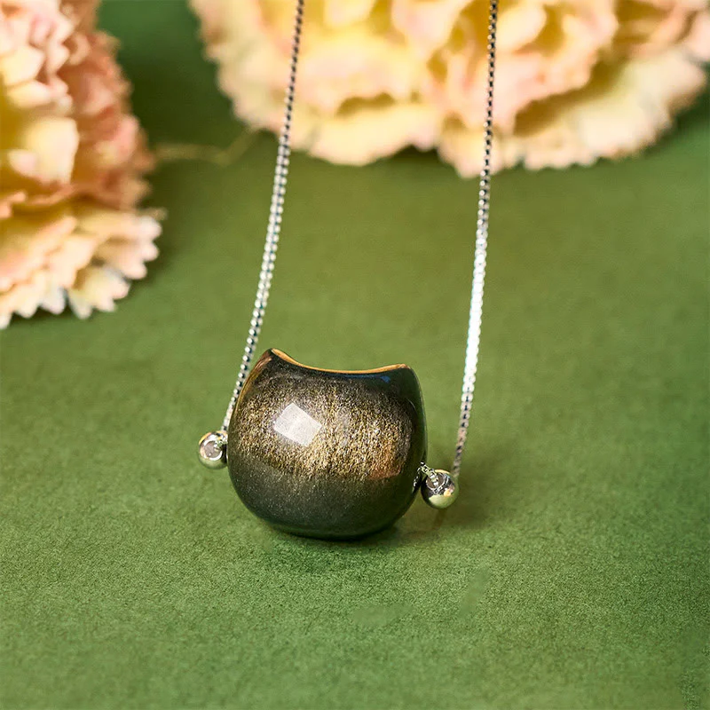 Collana con gatto in argento sterling 925, Buddha Stones , ossidiana naturale lucida, ossidiana dorata lucida - Image 6