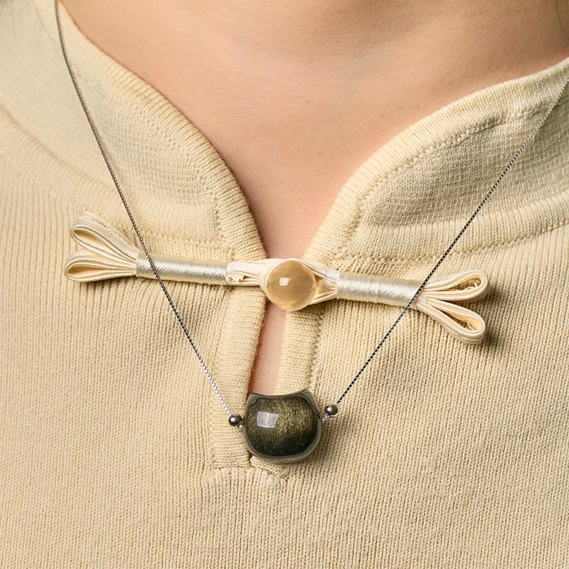 Collana con gatto in argento sterling 925, Buddha Stones , ossidiana naturale lucida, ossidiana dorata lucida - Image 8