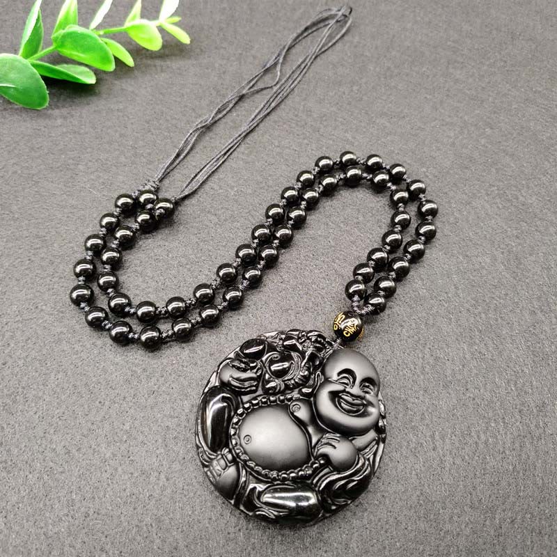 Collana con pendente in vetro di ossidiana nera con motivo Buddha Stones che ride - Image 2