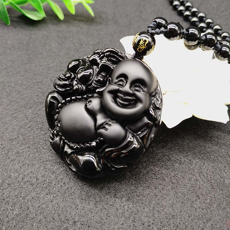 Collana con pendente in vetro di ossidiana nera con motivo Buddha Stones che ride - Image 3