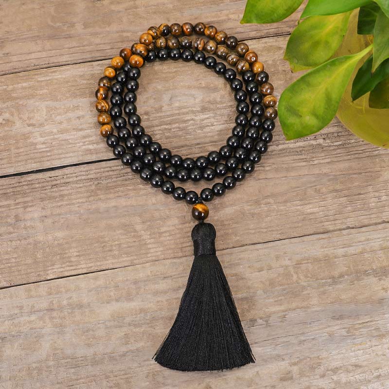 Collana di protezione con occhio di tigre in onice nero tibetano Buddha Stones Mala Set - Image 3