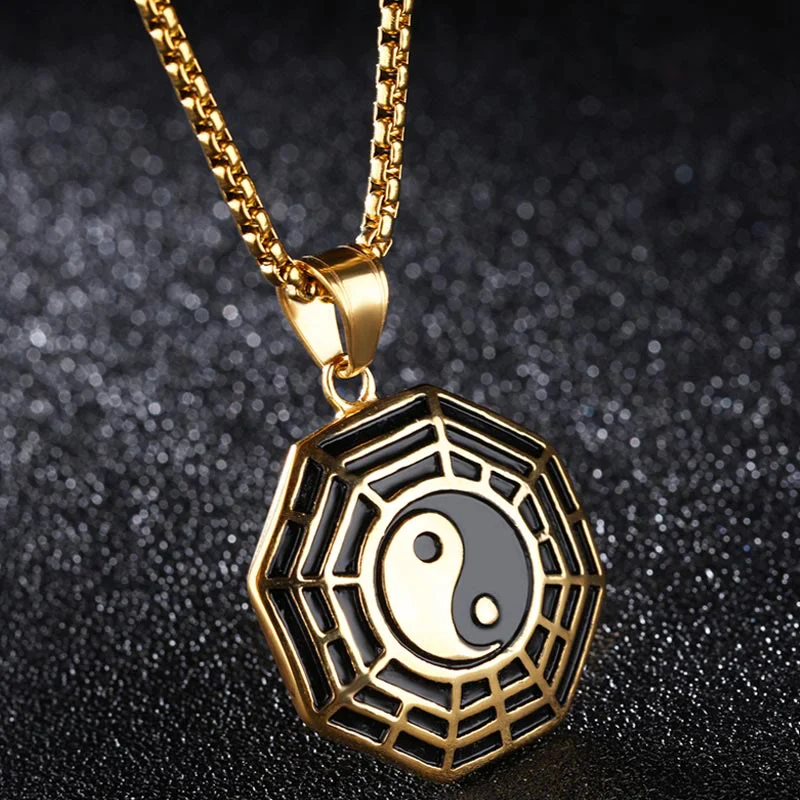 Collana pendente con motivo equilibrio in acciaio al titanio Bagua Yin Yang Buddha Stones