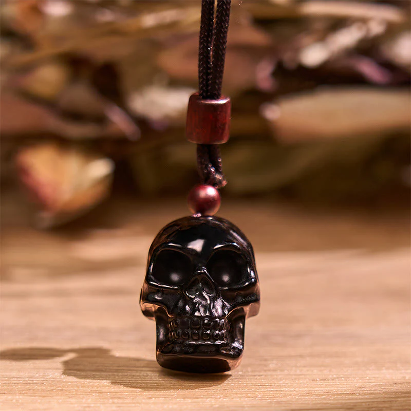 Collana pendente con scheletro Shmashana in corda di ossidiana nera Buddha Stones