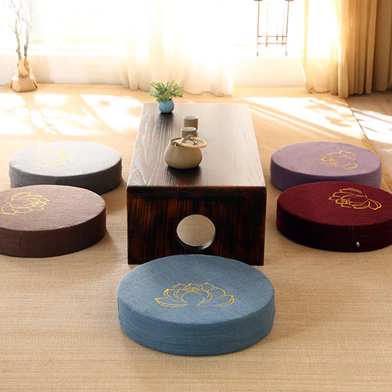 Cuscino per seduta da meditazione in cotone e lino con ricamo di loto Buddha Stones - Image 4