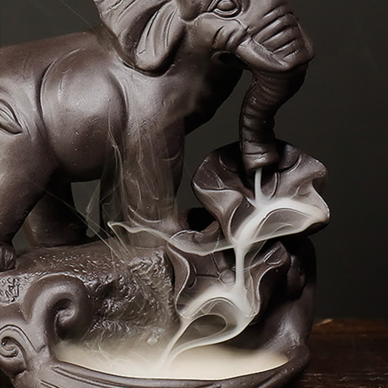 Decorazione bruciatore di incenso di guarigione della pace con fontana di fumo a riflusso in argilla viola elefante tibetano - Image 15