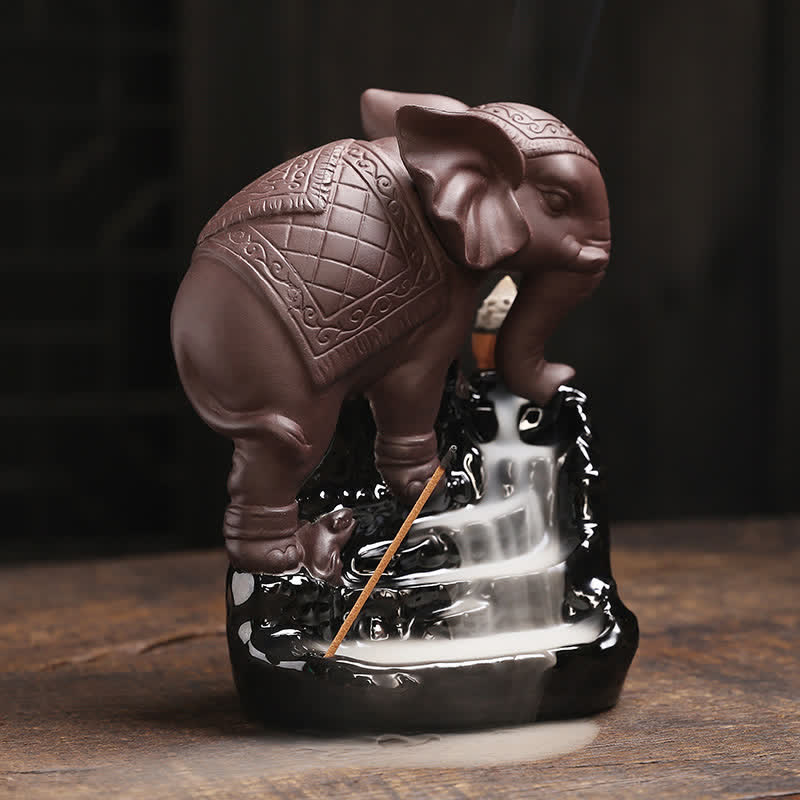 Decorazione bruciatore di incenso di guarigione della pace con fontana di fumo a riflusso in argilla viola elefante tibetano - Image 17