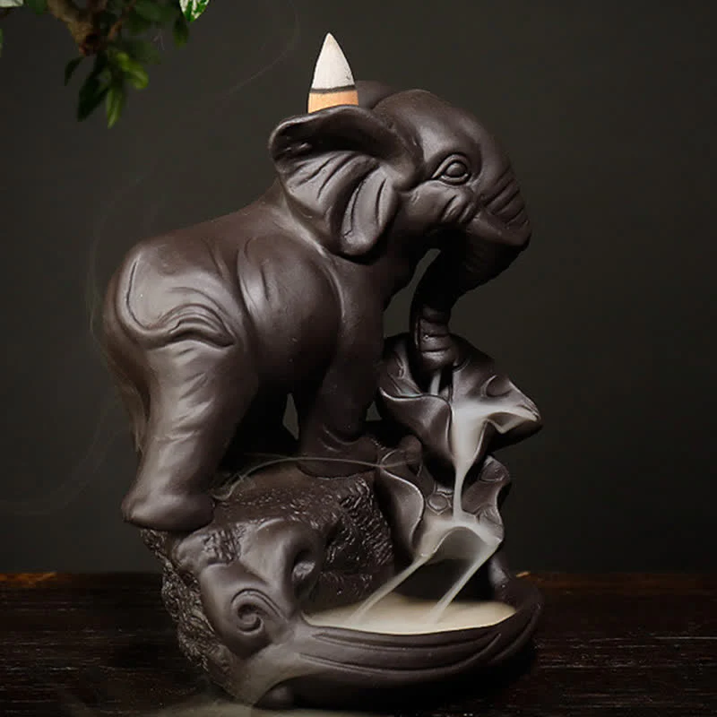 Decorazione bruciatore di incenso di guarigione della pace con fontana di fumo a riflusso in argilla viola elefante tibetano - Image 4
