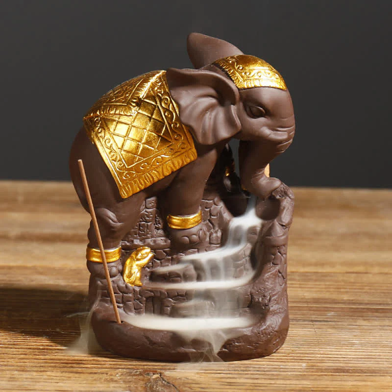 Decorazione bruciatore di incenso di guarigione della pace con fontana di fumo a riflusso in argilla viola elefante tibetano - Image 9