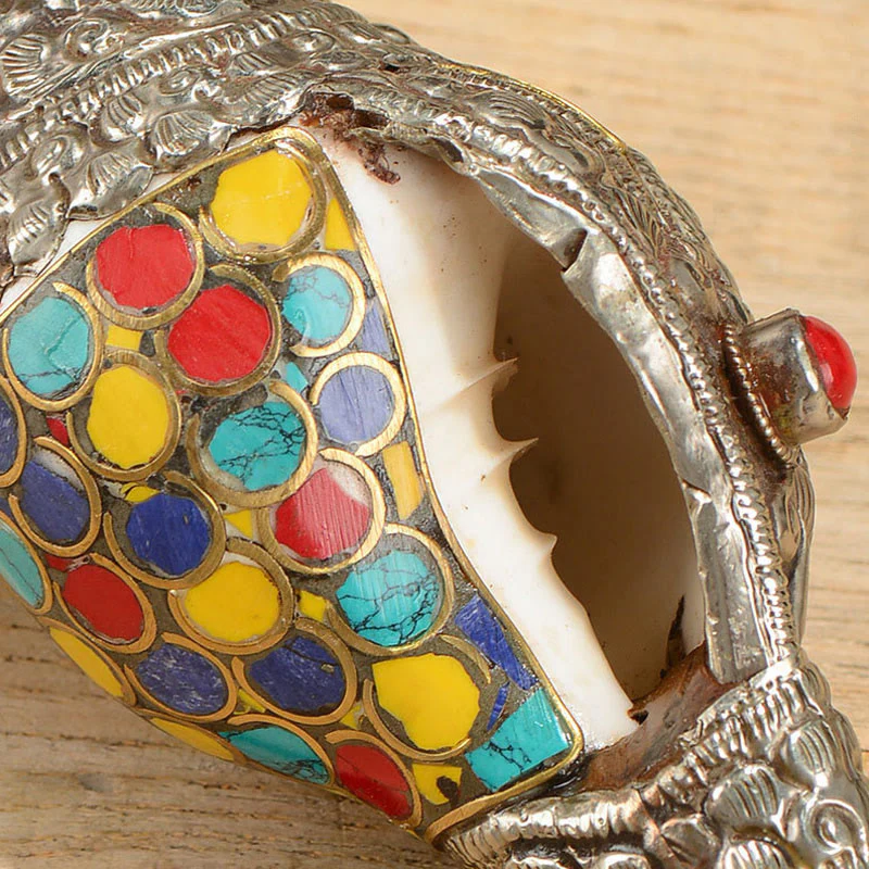 Decorazione per la casa fatta a mano in conchiglia naturale Shankha colorata tibetana, conchiglia di mare, ricchezza - Image 10