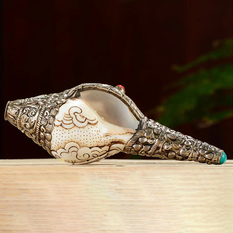 Decorazione positiva della ricchezza della conchiglia del Buddha Shankha incisa a mano tibetana - Image 4