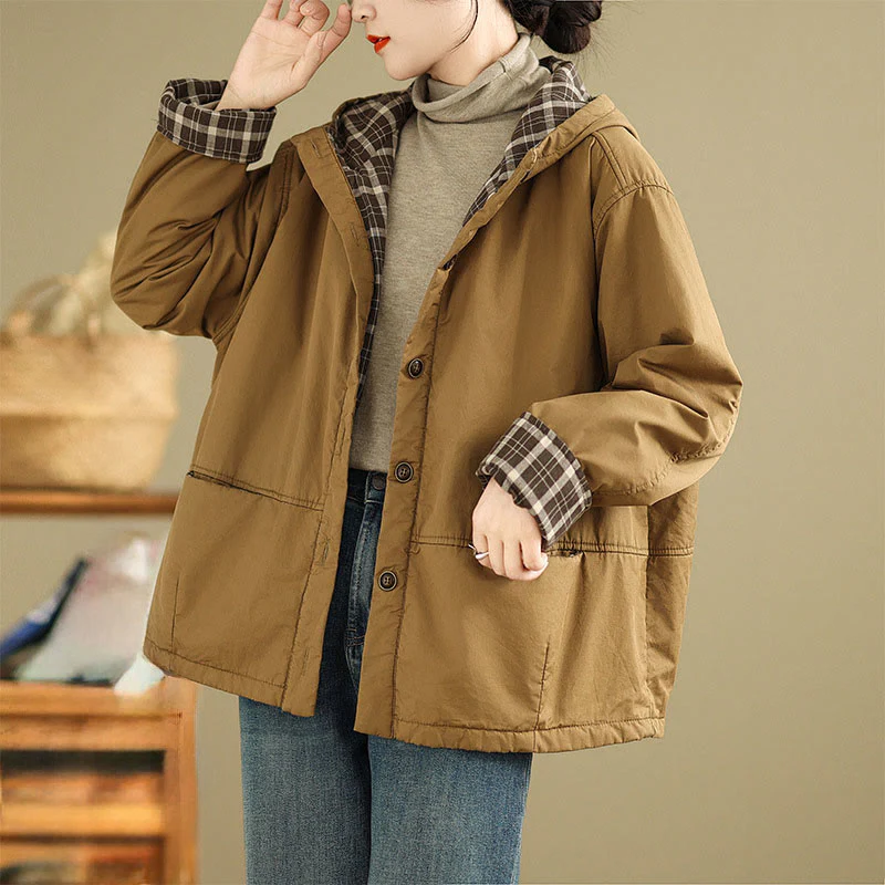 Felpa con cappuccio a quadri con motivo Buddha Stones, da donna, a maniche lunghe, in cotone spesso, con tasche