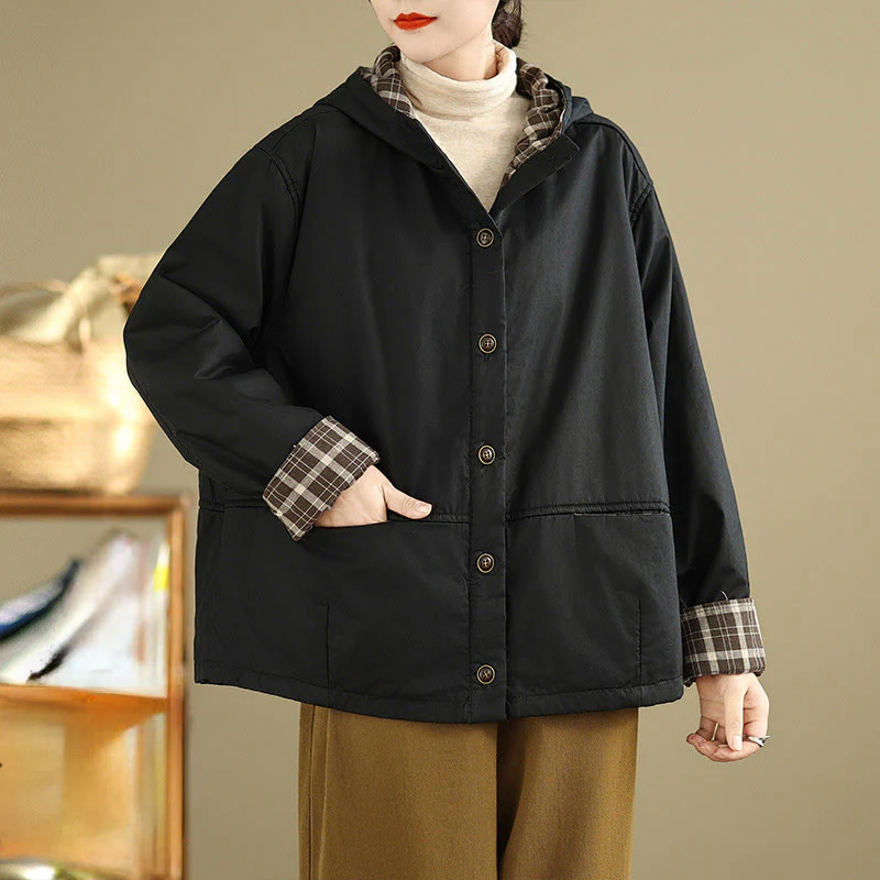 Felpa con cappuccio a quadri con motivo Buddha Stones, da donna, a maniche lunghe, in cotone spesso, con tasche - Image 14