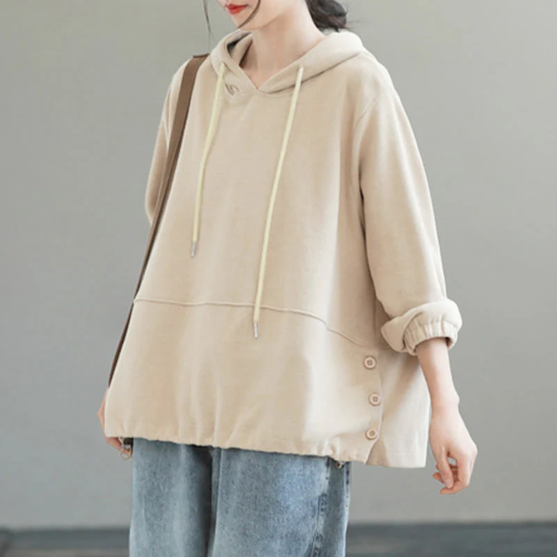 Felpa con cappuccio da donna a maniche lunghe in cotone con bottoni laterali e tinta unita Buddha Stones Fall - Image 2
