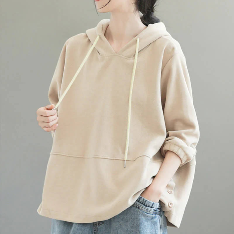 Felpa con cappuccio da donna a maniche lunghe in cotone con bottoni laterali e tinta unita Buddha Stones Fall - Image 3