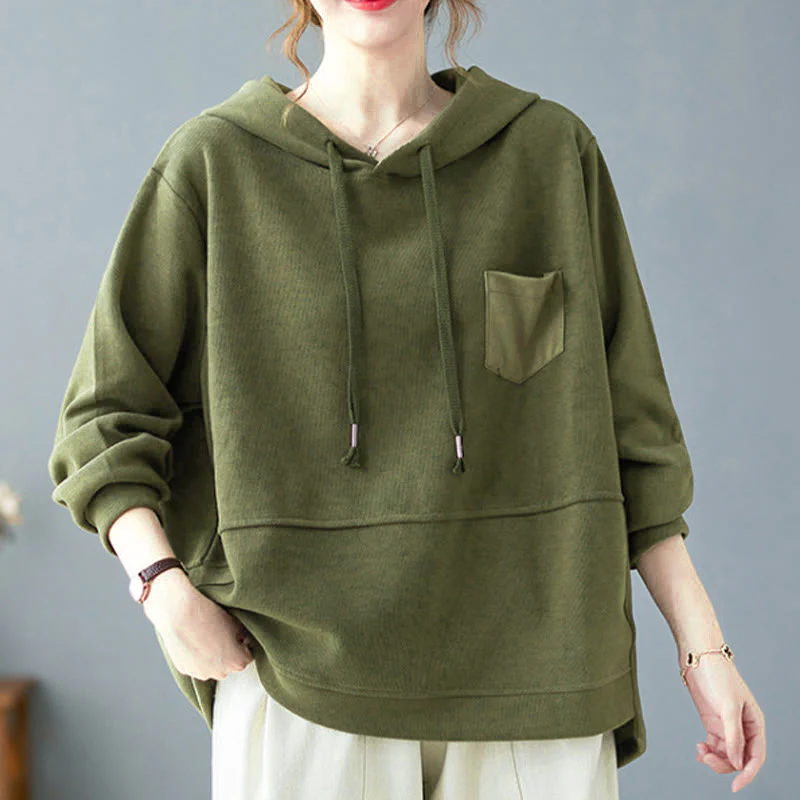 Felpa con cappuccio da donna a maniche lunghe in cotone con tasca decorativa e motivo Buddha Stones Fall Tinta unita - Image 10