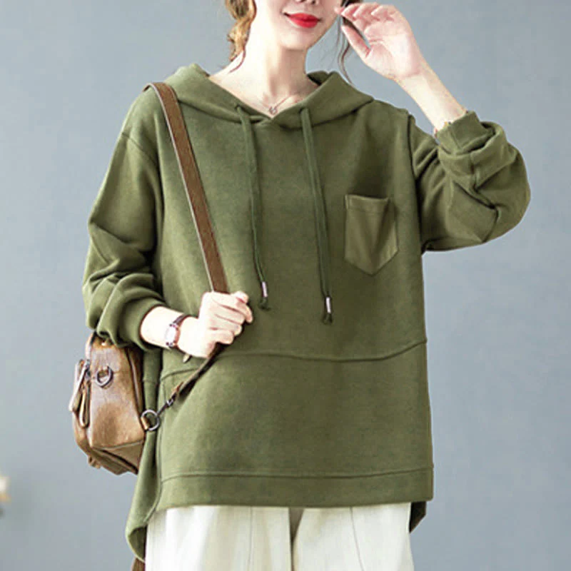Felpa con cappuccio da donna a maniche lunghe in cotone con tasca decorativa e motivo Buddha Stones Fall Tinta unita - Image 16