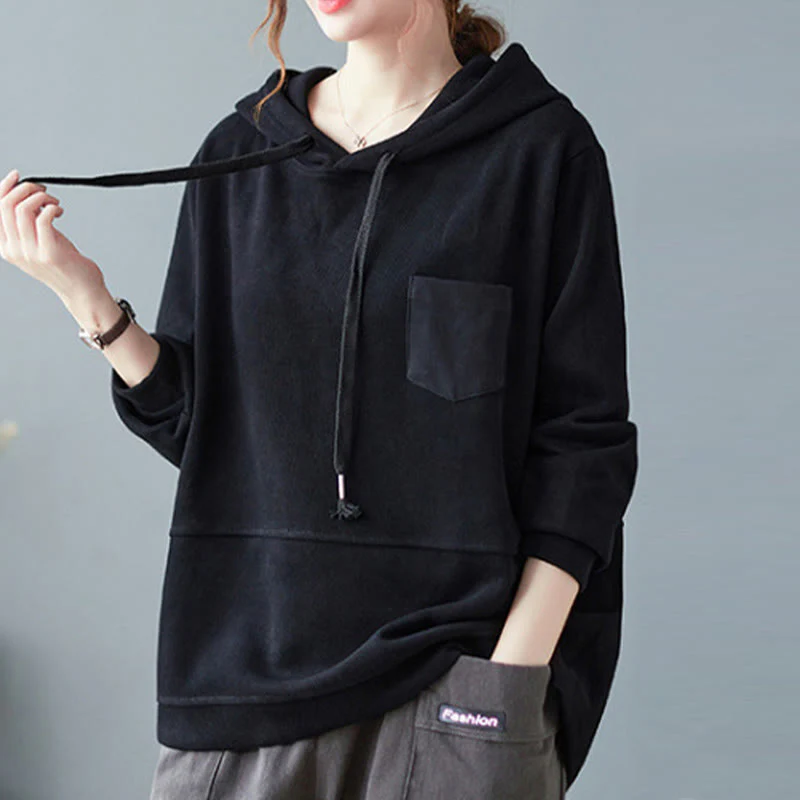 Felpa con cappuccio da donna a maniche lunghe in cotone con tasca decorativa e motivo Buddha Stones Fall Tinta unita - Image 19