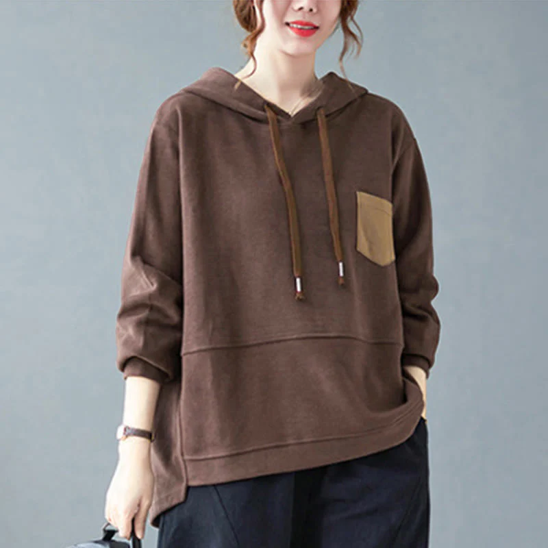 Felpa con cappuccio da donna a maniche lunghe in cotone con tasca decorativa e motivo Buddha Stones Fall Tinta unita - Image 2