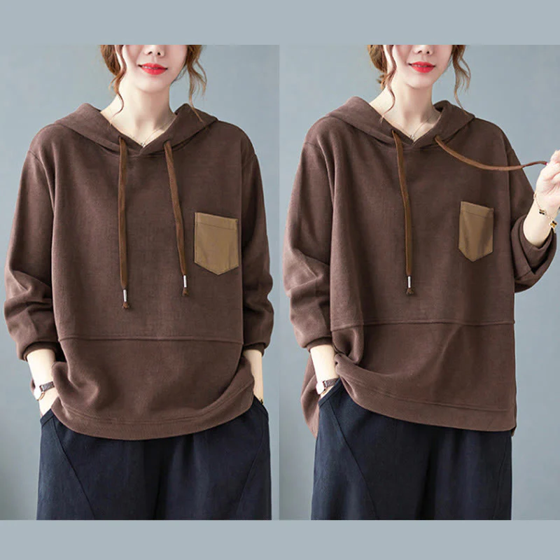 Felpa con cappuccio da donna a maniche lunghe in cotone con tasca decorativa e motivo Buddha Stones Fall Tinta unita - Image 6