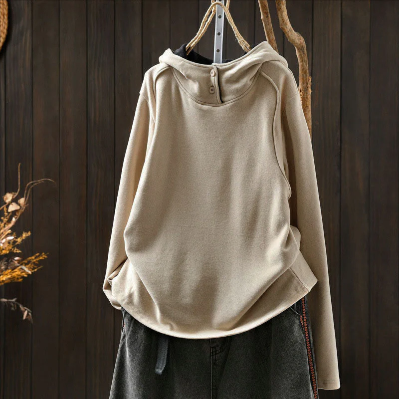 Felpa con cappuccio da donna a maniche lunghe in cotone spesso tinta unita invernale Buddha Stones con cappuccio - Image 9