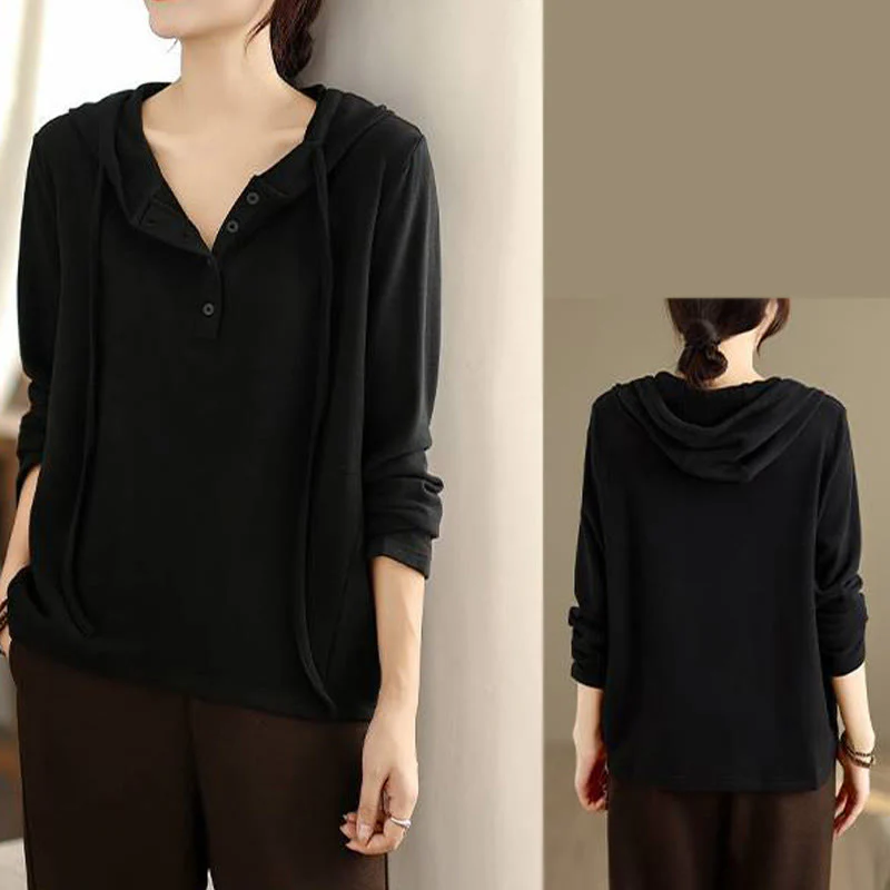 Felpa con cappuccio da donna a maniche lunghe in cotone tinta unita invernale Buddha Stones con cappuccio - Image 26