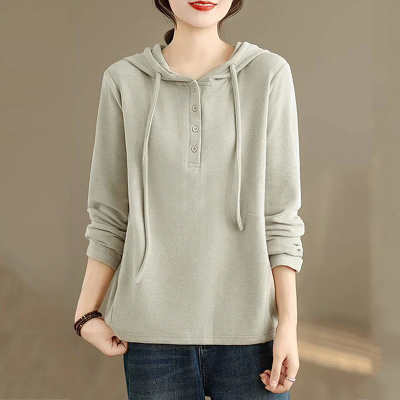 Felpa con cappuccio da donna a maniche lunghe in cotone tinta unita invernale Buddha Stones con cappuccio - Image 3