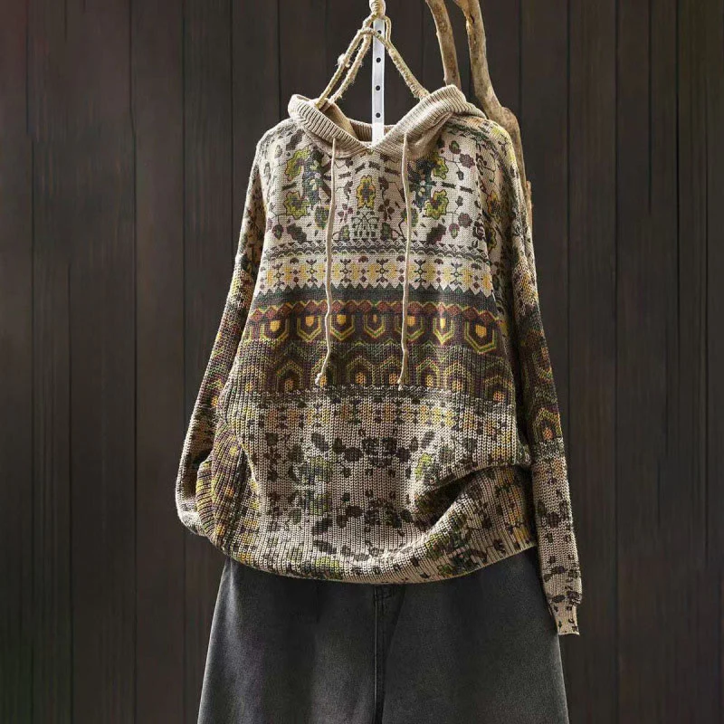 Felpa con cappuccio da donna in cotone a maniche lunghe con motivo a fiori geometrici a righe Buddha Stones