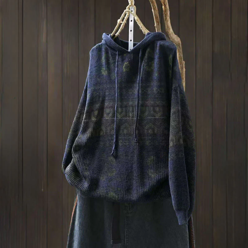 Felpa con cappuccio da donna in cotone a maniche lunghe con motivo a fiori geometrici a righe Buddha Stones - Image 12