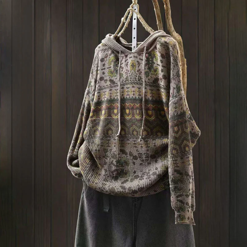 Felpa con cappuccio da donna in cotone a maniche lunghe con motivo a fiori geometrici a righe Buddha Stones - Image 13