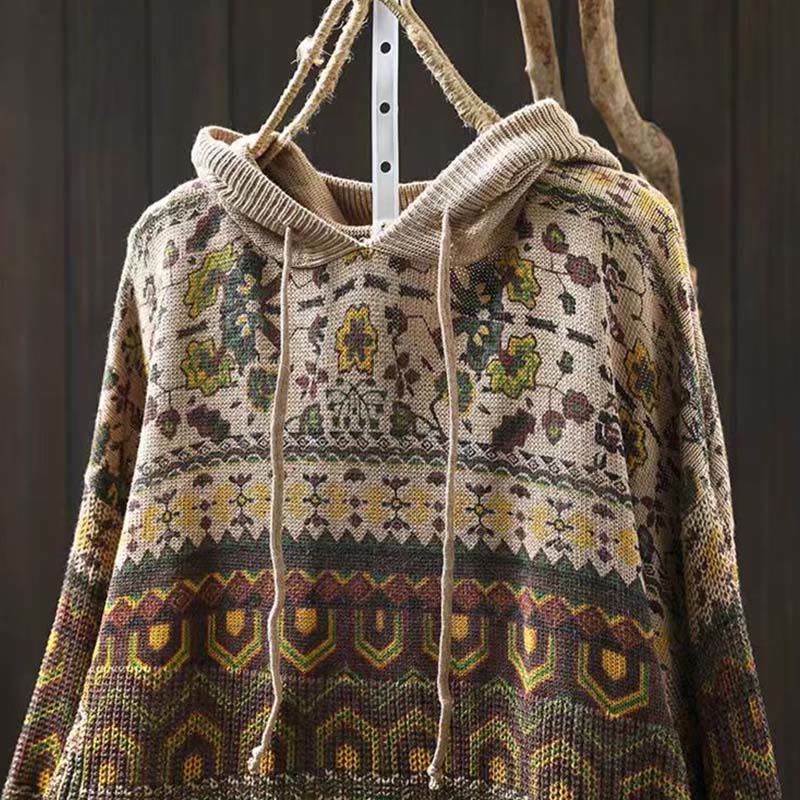 Felpa con cappuccio da donna in cotone a maniche lunghe con motivo a fiori geometrici a righe Buddha Stones - Image 2