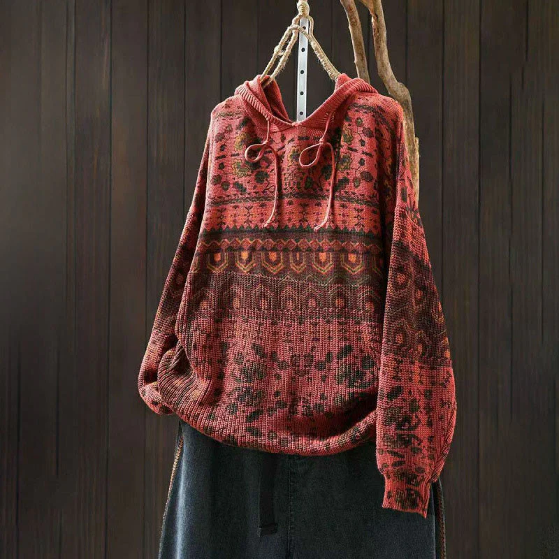 Felpa con cappuccio da donna in cotone a maniche lunghe con motivo a fiori geometrici a righe Buddha Stones - Image 3