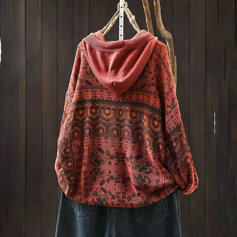 Felpa con cappuccio da donna in cotone a maniche lunghe con motivo a fiori geometrici a righe Buddha Stones - Image 4
