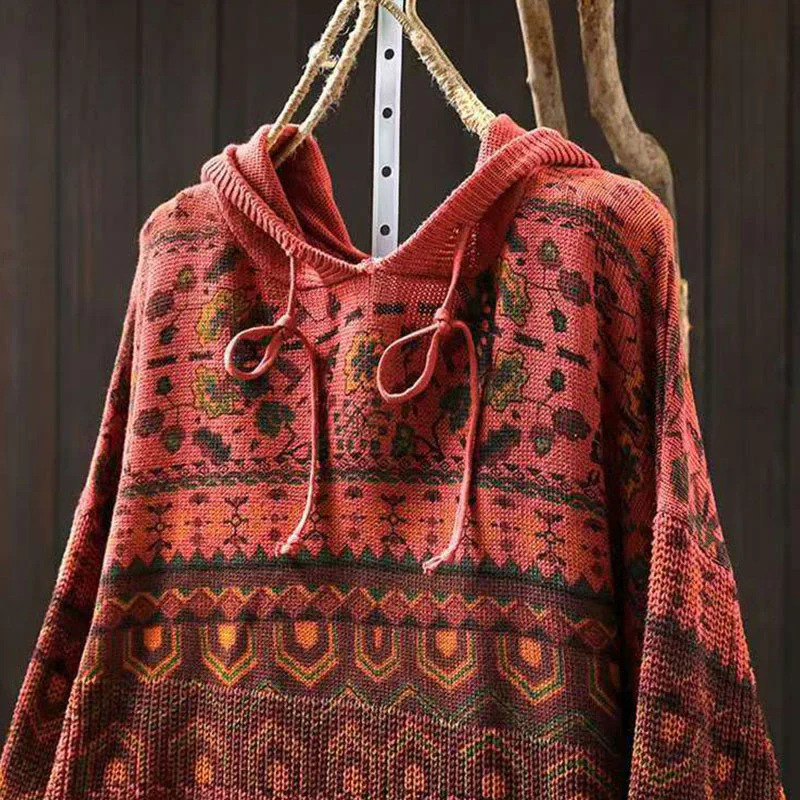 Felpa con cappuccio da donna in cotone a maniche lunghe con motivo a fiori geometrici a righe Buddha Stones - Image 5